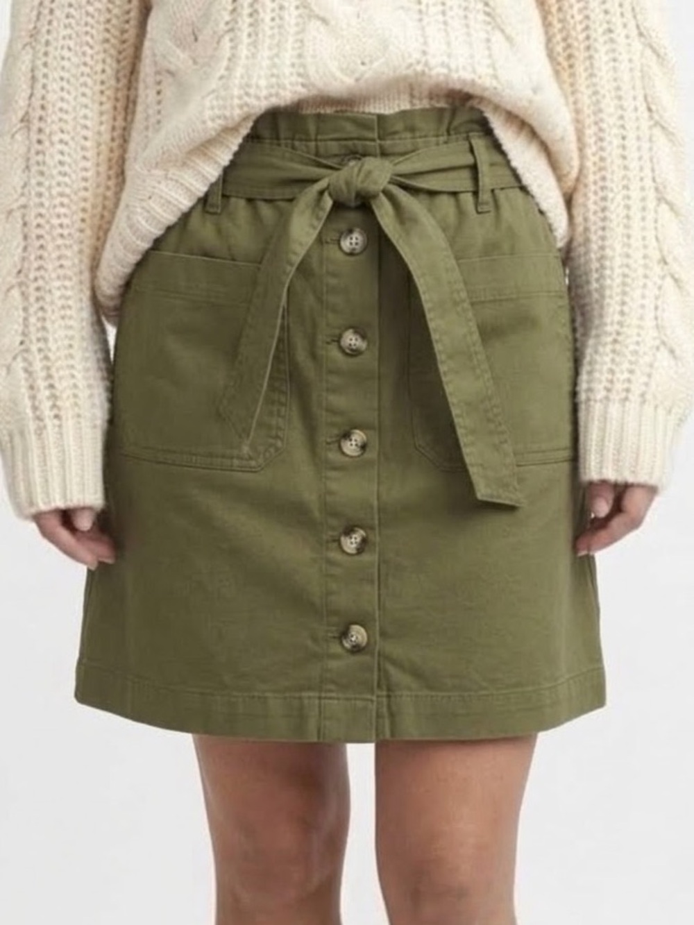 NWT LOFT Outlet Paperbag Belted Waistband Button Front Pocket Skirt Size 6 Olive